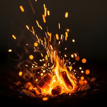Vibrant sparks fly from burning fire.