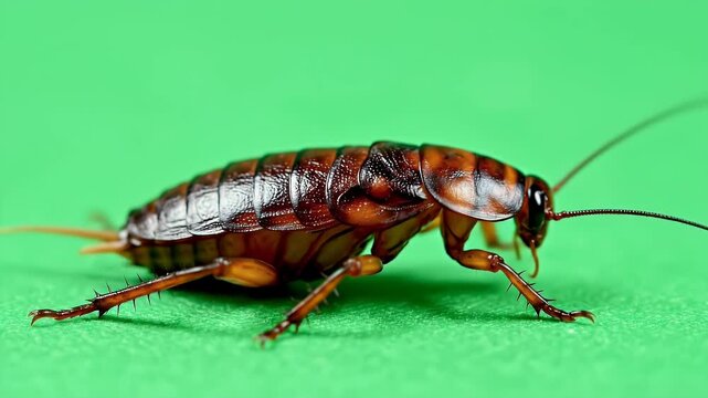 Realistic Cockroach Crawling Motion Full Body Detail Against Vibrant Green Screen Background Vivid Macro Photography