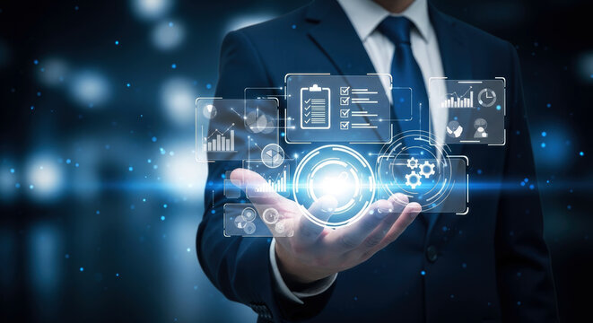 Businessman interacting with futuristic digital interface