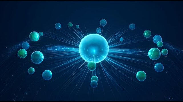 A vibrant cosmic scene with a central glowing orb and surrounding celestial bodies.