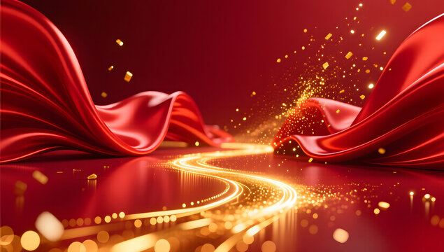 Luxurious festive background with flowing red silk and golden light trails