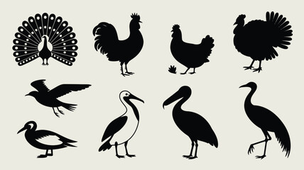 Naklejka premium Black silhouettes of various birds on beige background