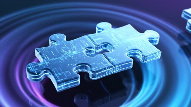 Two translucent puzzle pieces fit together on rippling blue background, symbolizing partnership and unity