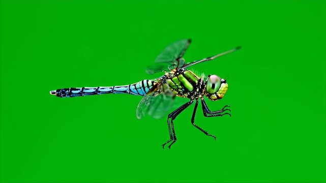 Realistic Dragonfly Insect Flying with Four Wings Flapping on a Vibrant Green Screen Background in Close Up Detail