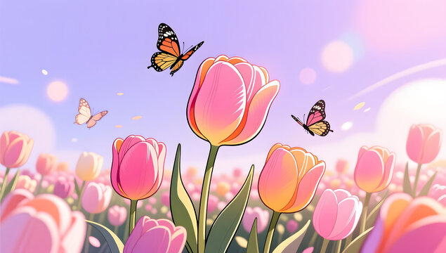 Manga style tulip field with butterflies flying