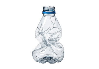 Crushed clear pet plastic bottle with sharp creases isolated on a white background with deep shadows. Concept of environmental waste and recycling
