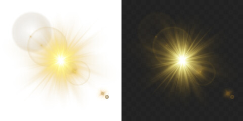 Sparkling gold star vector glowing star light effect with glitter magic star sparks. Isolated on transparent background. PNG gold star light sparkle for creative overlays. © Даниил Москаленко
