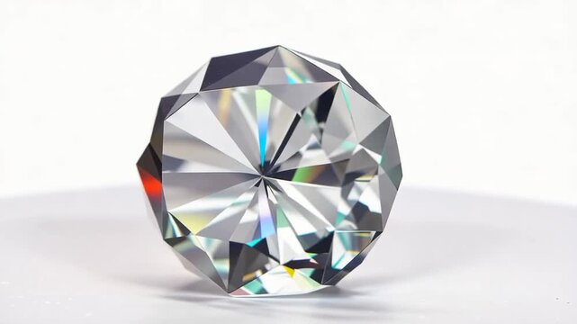 Diamond gemstone on white surface reflecting rainbow colors