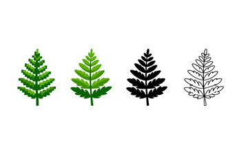 Fototapeta premium Set of four leaf icons showing pixelated green, gradient botanical, solid black silhouette, and outlined line-art foliage symbols on white