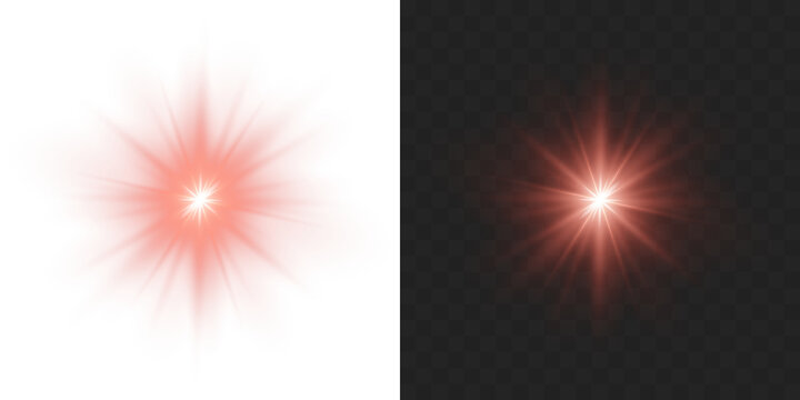Digital red star PNG burst with red light and glowing rays. Bright flare and sparkle overlay on transparent background. Red starlight shine and glow light effect.