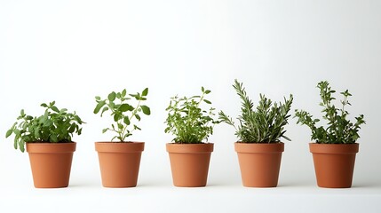 Obraz premium Five potted herbs in terracotta pots against white background for various uses