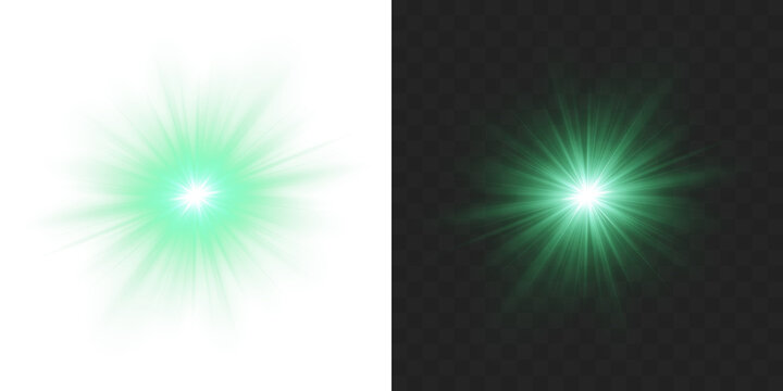 Green sparkle design element with green starlight glow and shine. Digital star PNG burst with green light and glowing rays on transparent background for professional design.