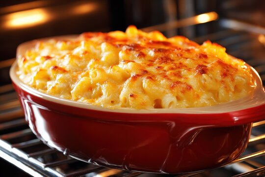 Golden baked macaroni and cheese in oven