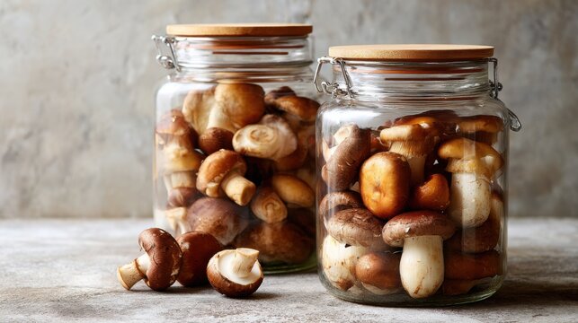 Two wide-mouthed glass jars packed with fresh, earthy cremini mushrooms, ready for culinary preparation and storage