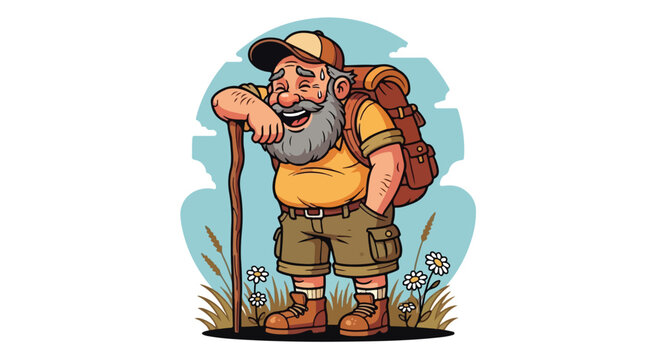 Cheerful Senior Hiker Cartoon Character with Backpack and Walking Stick Illustration