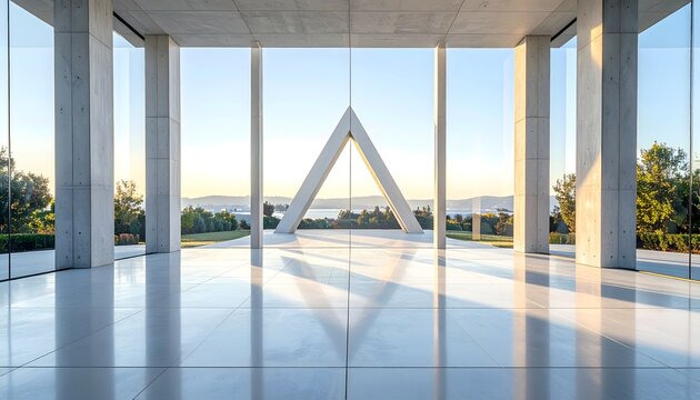 Interior moderno con estructura triangular y ventanales panor&aacute;micos