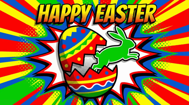 Vibrant Pop Art Happy Easter Greeting with Bunny Leaping from Cracked Egg on Comic Burst Background