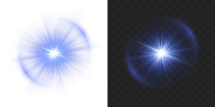 Glowing blue stars with shimmering rays and lens flare effects. Great for Christmas designs and magical illustrations. Transparent PNG background format with blue glow.