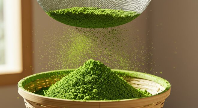 抹茶パウダーをふるいにかけるクローズアップ