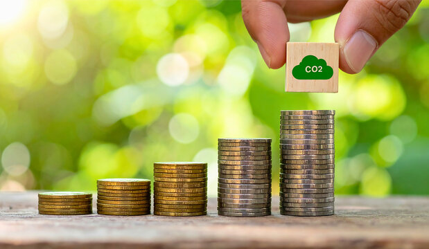 A hand placing a wooden block with a CO2 cloud symbol on top of a stack of coins, representing environmental costs and carbon offsetting.