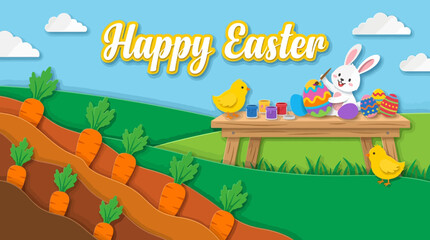 Fototapeta premium Happy Easter Card with Cute Bunny Painting Eggs, Chicks, and Carrot Field in Vibrant Paper Cut Style Illustration