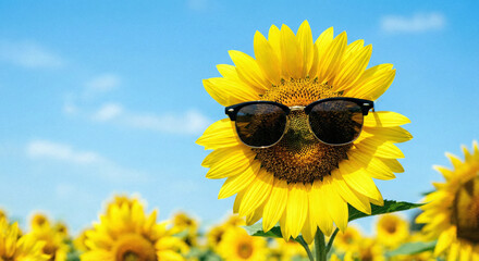 Sunflower with bright yellow petals, wearing stylish black sunglasses, cheerful sunny atmosphere