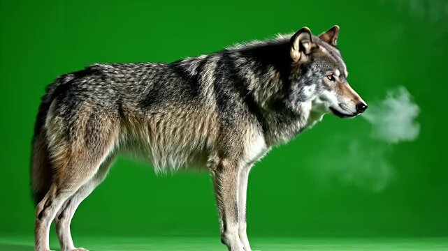 Realistic Gray Wolf Standing Motionless Emitting Breath Against a Vibrant Green Screen Background Isolated