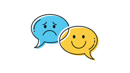 Obraz premium Two overlapping speech bubbles in blue and yellow represent contrasting sad and happy emotions for communication and mental health topics.