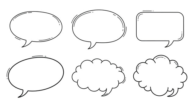 Set of six empty speech bubbles with double line borders and dashed accents offers a variety of styles for text and comic book dialogue.