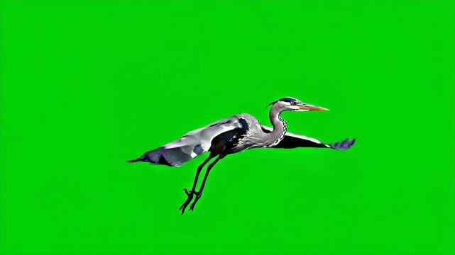 Realistic Great Blue Heron Bird With Wings Flapping in Slow Motion Isolated on Green Screen Background for Wildlife Documentaries or Nature Visuals