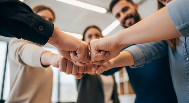Low angle shot of team connecting fists together perfect for strong partnership and shared objectives