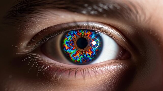 A close-up video of a human eye with a vibrant, multicolored iris, showcasing a unique and creative visual effect in a dark and moody atmosphere.