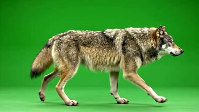 Realistic Gray Wolf Walking Seamlessly Against a Vibrant Green Screen Background