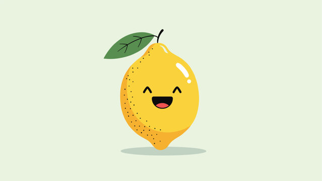 Cute cartoon illustration of a happy yellow lemon character with a wide smile and a green leaf on its head.