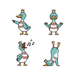 Cartoon duck king dancing and singing with crown on white background