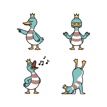 Cartoon duck king dancing and singing with crown on white background