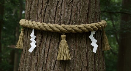 神社の御神木に巻かれた注連縄と紙垂