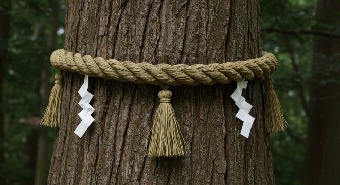 神社の御神木に巻かれた注連縄と紙垂