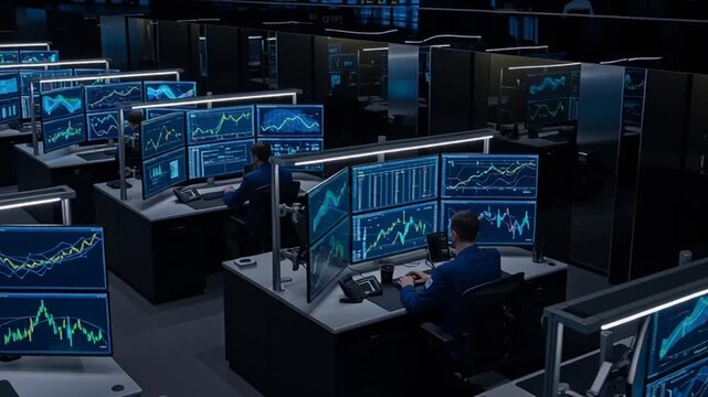 A video showcasing a futuristic trading floor with multiple screens displaying financial data in a dark room