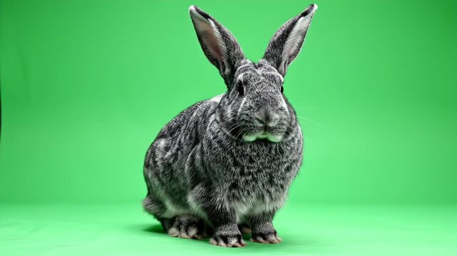 Realistic Grey Rabbit Full Body Alert Freeze Behavior Ears Perked Isolated on Green Screen Background