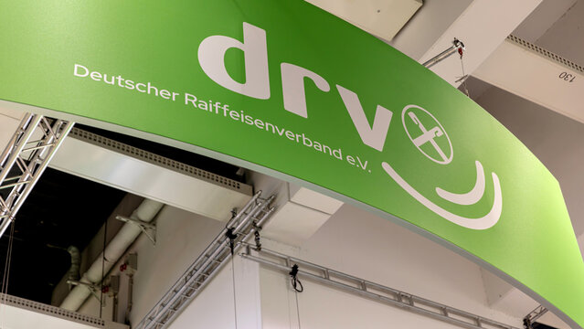 BERLIN, GERMANY, January 16th 2026: Photo of DRV Logo at Gr&uuml;ne Woche Trade Fair in Berlin Germany on January 16 Featuring the Deutscher Raiffeisenverband e.V Branding
