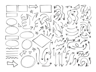Hand drawn doodle arrows and frames set, sketch style direction pointers collection, curved and straight navigation symbols, black line art vector elements for infographic, presentation, web design © prezent