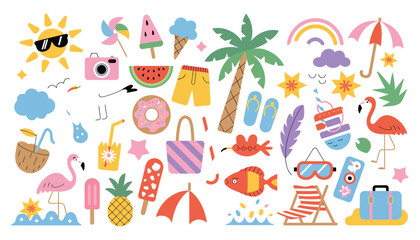 Fototapeta premium Cute Beach Icon Set, Colorful Summer Holiday Hand Drawn Vector Illustration Collection for Vacation Design, Greeting Cards, Posters and Seasonal Graphics