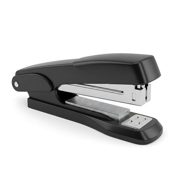 A black stapler with its staple tray open on a white background.