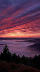 Obraz premium Majestic sunrise over misty valley with vibrant pink and purple clouds illuminating the sky above rolling hills and dense evergreen forests in the distance