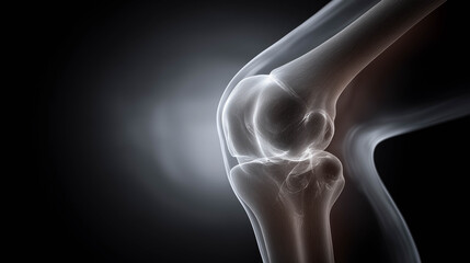 X-ray image of a human knee joint showcasing the femur, tibia, and patella with clear visibility of bone structure and surrounding soft tissue details