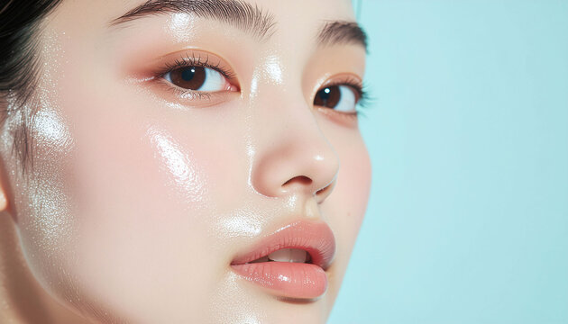 Korean beauty skincare routine with glowing face hydrated skin and cream application on light blue background for k beauty product advertisement