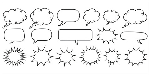 Collection of empty speech bubbles, thought bubbles, and starbursts with black outlines on white comic