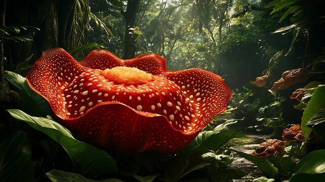 Rare corpse flower in full bloom with white spots in lush green tropical forest with sunlight