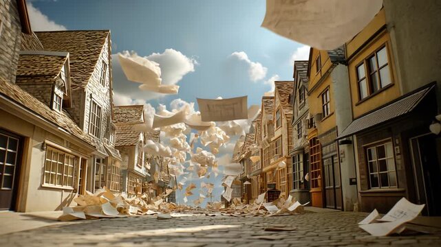 Whimsical Urban Fantasy Art: Flying Books and Papers Over Surreal Architecture on a Calm Street